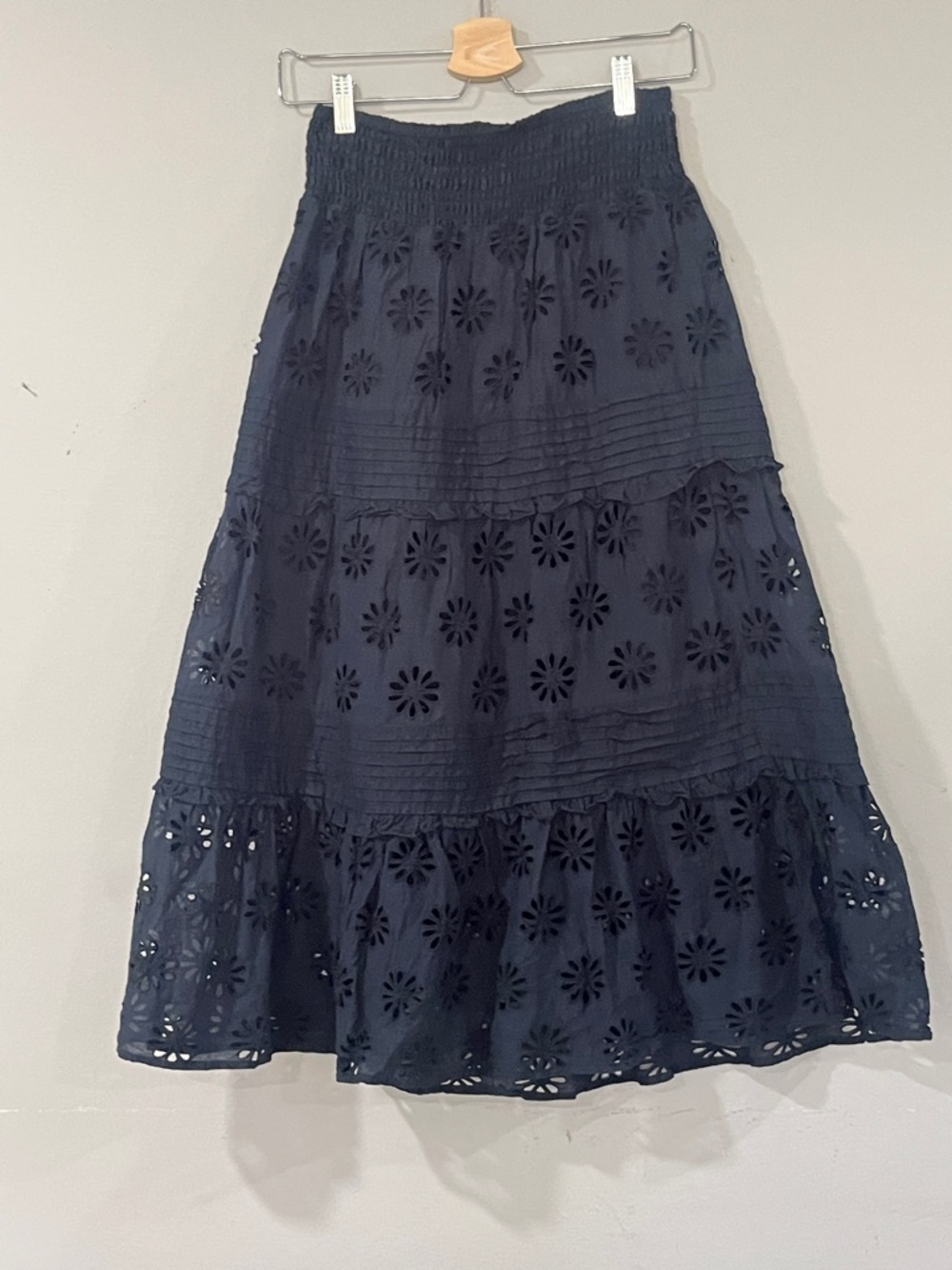 Rails Navy Eyelet Tiered Midi Skirt with Smocked Waist